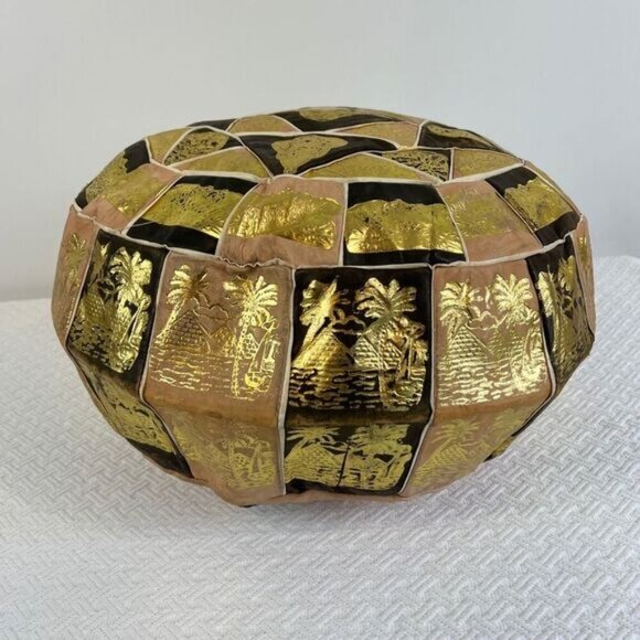 Vintage Handmade Genuine Leather Made in Egypt Pouf Ottoman Pyramids Empty - Picture 1 of 9
